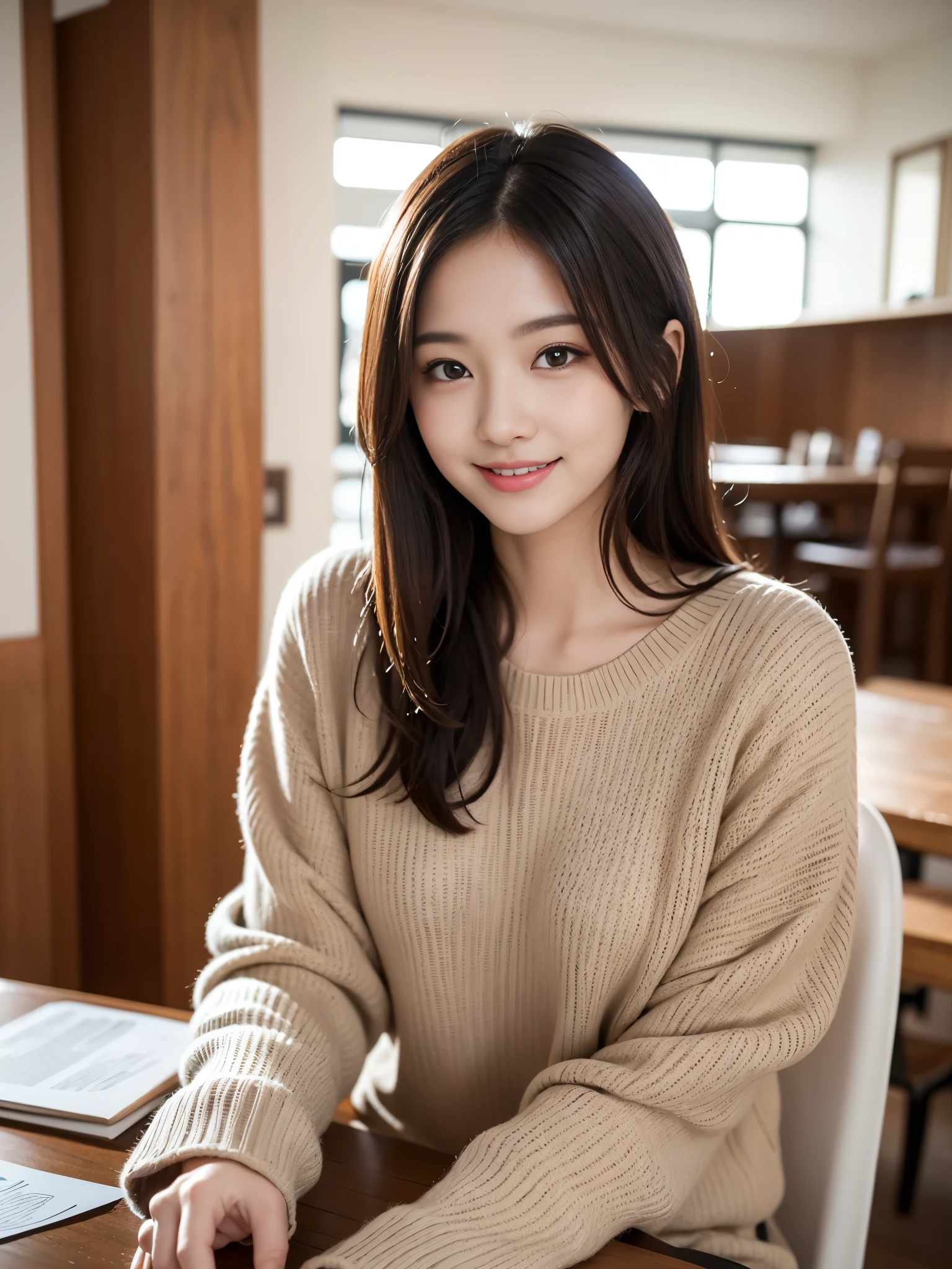 Tabletop, Highest quality, figure, Very detailed, In detail, High resolution, 8k wallpaper, Perfect dynamic composition, Beautiful attention to detail, Winter casual wear,Medium Hair,Small  Natural Color Lip, Bold  pose,smile,Harajuku、20-year-old girl、cute、 shot looking at camera