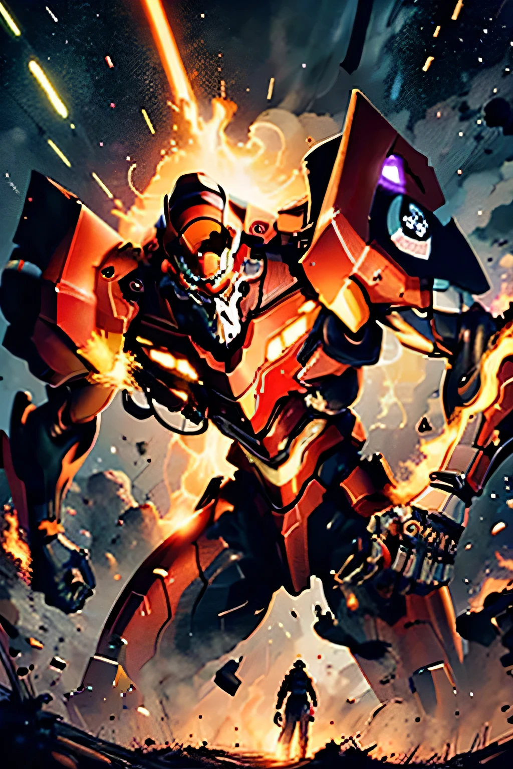 Eva 02, Eva, Evangelion mecha, science fiction, look viewer, (official art, best quality, masterpiece: 1.2), Illustrations, high resolution, beautiful abstract background, futuristic, comic book style, mecha, handheld weapon, lightsaber, depth of field, wide angle, saturated colors