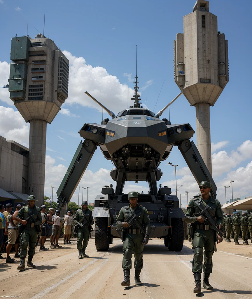 Futuristic Brazilian soldiers parading with futuristic war machines, futuristic equipment, futuristic ships, futuristic vehicles.