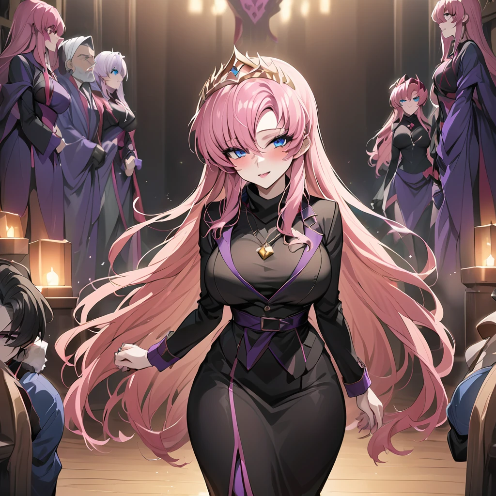 ((Highest quality)), ((masterpiece)), (detailed), (Perfect Face)、The beautiful and seductive woman is Lacus Clyne, the wife of the leader of the evil god cult, the saint of darkness, and has blue eyes, pink hair, medium-long hair, and a gorgeous and delicately detailed masochism.々She is wearing a beautiful black evil god shrine maiden outfit, an evil god necklace and other evil accessories, a gorgeous evil god head chain tiara, and an engagement ring.、The woman is the wife of a middle-aged, bearded cult leader who is revered by a mysterious cult of evil gods.、A mysterious cult leader dressed in luxurious clothes is standing at the altar of the cult, being loved by the cult leader and caressing her whole body.