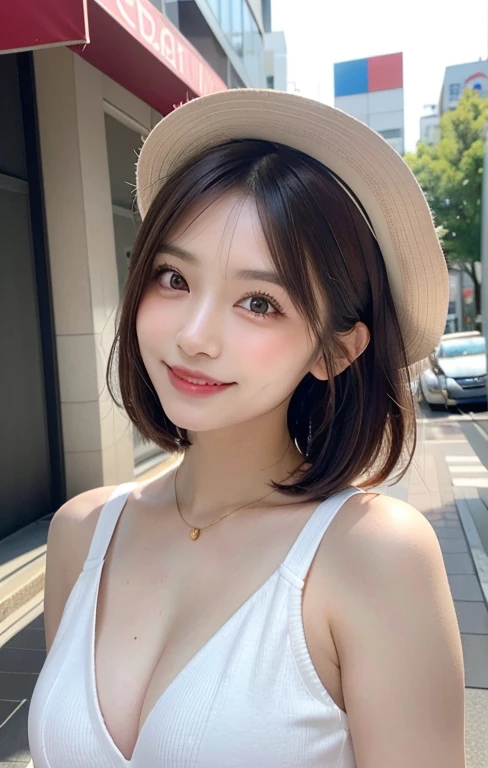 (masutepiece, Best Quality, Illustration, Ultra-detailed, finely detail, high resolution, 8K Wallpaper, Perfect dynamic composition, Beautiful detailed eyes, Women's Fashion,bob hair,Very short hair,Small bosom, natural color lip, Bold sexy poses,Smile,Harajuku、20 years girl、Cute、Sexy shot looking at camera, dimples, 🍑 peach, sophie_hatter 🎩)