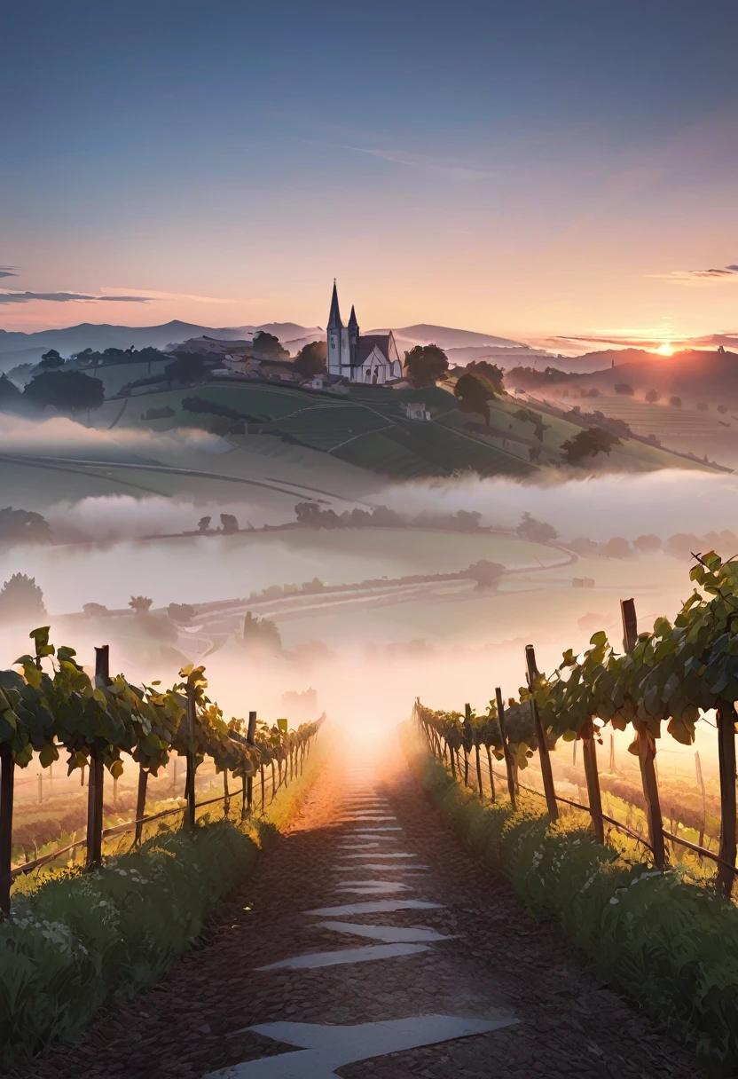 Dawn fog, italian countryside dawn, Vineyard covered in thick fog, The cathedral can be seen in the distance from the vineyard.. Walking on a curved path
