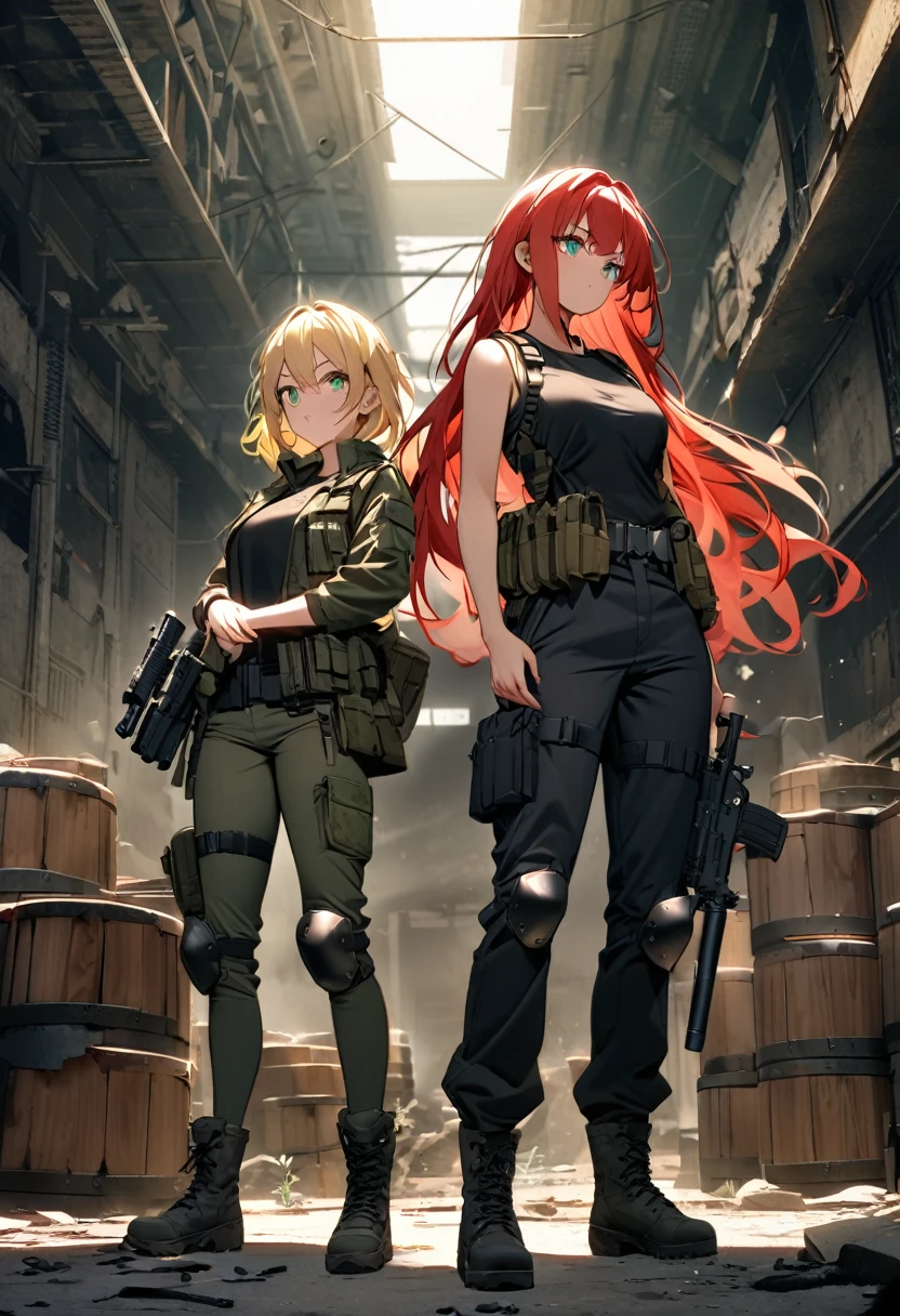 Create an image of two fearless girls in mercenary costumes, both transmitting strength and determination.

The first girl has long blonde hair, that shines like gold in the sun. Her hair is loose and falls in soft waves down to her waist.. Your eyes are a piercing blue, reflecting confidence and experience. She wears a fitted black tactical jacket, with multiple pockets and compartments, over an olive green long sleeve t-shirt. She wears camouflage cargo pants and sturdy combat boots., with knee pads and a metallic belt buckle that glistens in the light. In your hands, She holds an assault rifle with lethal precision, equipped with a holographic sight and a silencer. The rifle is black, with silver details, and shows signs of constant use.

The second girl has vibrant red hair, cut into a modern, frayed pixie style, highlighting your bold personality. Your eyes are emerald green, shining with a mix of determination and mischief. She wears a black sleeveless tactical t-shirt., revealing toned arms covered in elaborate tattoos of dragons and flowers. She wears tight-fitting tactical pants and worn military boots., with a tactical belt full of equipment, including grenades and combat knives. In your hands, She holds a compact submachine gun, with an extended magazine and an attached tactical flashlight. The weapon is elegant and lethal, with a matte black finish.

They are standing side by side in a ready posture, looking in opposite directions, vigilant and prepared for any threat. The background of the image is an abandoned warehouse, with flickering fluorescent lights and deep shadows creating a tense, adrenaline-filled environment. Wooden boxes and metal barrels are scattered across the floor, and the atmosphere is charged with the expectation of an imminent confrontation.