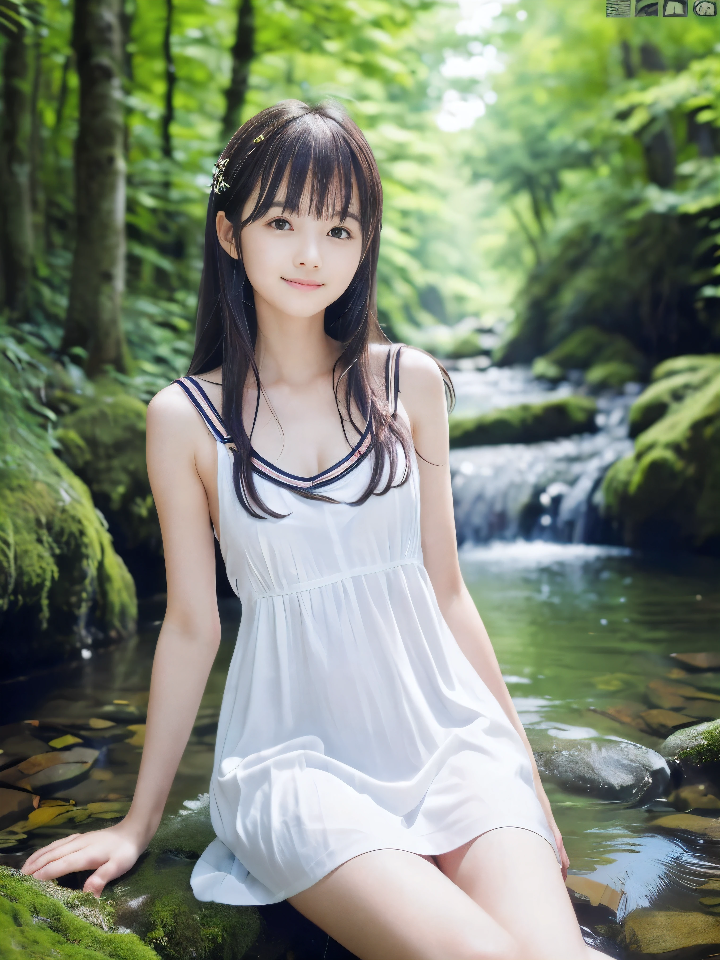 (Portrait of slender small-breasted half up brown long hair with bangs girl wearing a white summer dress:1.5)、(One girl is sitting with small smile in the clear stream and water fall at the forest in Japan:1.5)、(Summer beautiful blue sky and forest:1.5)、(blurred background:1.5)、(8k ultra detailed master piece:1.5)、(perfect anatomy:1.5)、(Photorealistic stick:1.5)、(Raw photo:1.3)、(highest quality:1.5)、(High resolution:1.3)、(Delicate and beautiful perfect face:1.3)、(Delicate and beautiful eye air skin:1.3)、(Real Human Skin:1.3)、((thin legs))