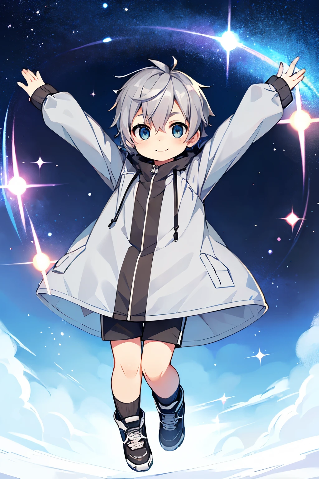 Highest quality, high quality,outdoors,simple background , arms are thin, face,from front,full body,looking up, look at viewer , sparkle(in the eyes) ,arms up, jumping,smile,(()), (1 boy), (grey hair), short hair, Parka ,illustration,anime style,