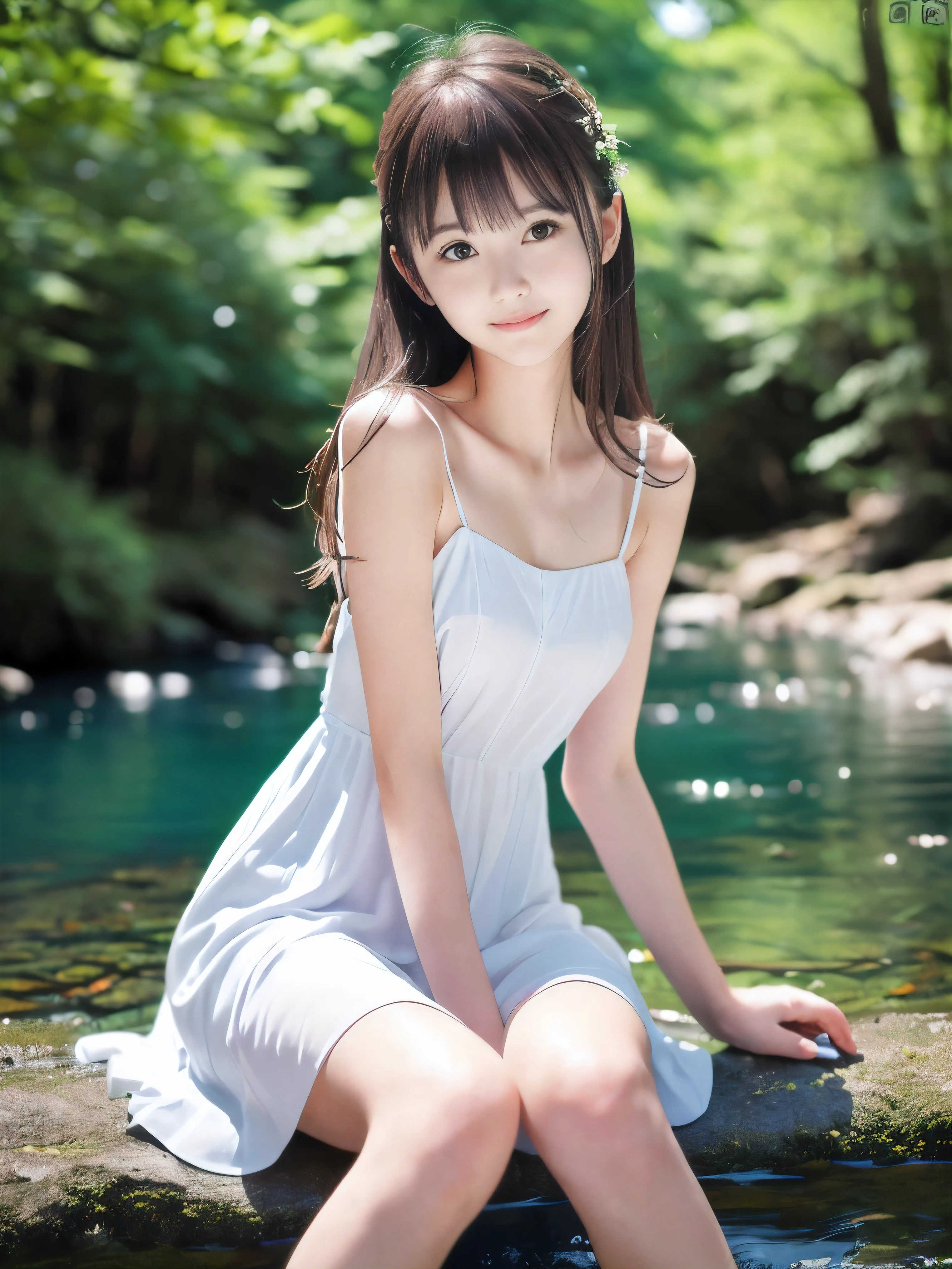 (Portrait of slender small-breasted half up brown long hair with bangs girl wearing a white summer dress:1.5)、(One girl is sitting with small smile in the clear stream and water fall at the forest in Japan:1.5)、(Summer beautiful blue sky and forest:1.5)、(blurred background:1.5)、(8k ultra detailed master piece:1.5)、(perfect anatomy:1.5)、(Photorealistic stick:1.5)、(Raw photo:1.3)、(highest quality:1.5)、(High resolution:1.3)、(Delicate and beautiful perfect face:1.3)、(Delicate and beautiful eye air skin:1.3)、(Real Human Skin:1.3)、((thin legs))