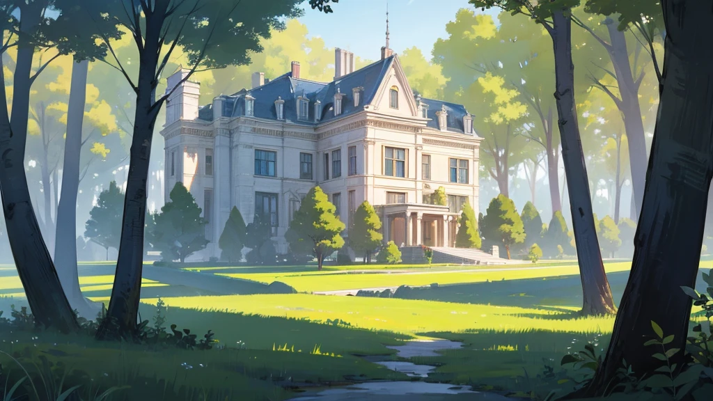 a beautiful forest, flat landscape, with trees and bushes, a mansion