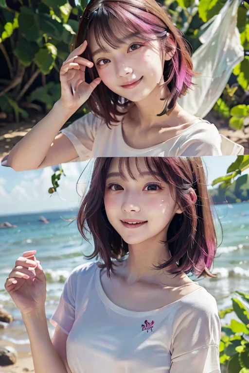 Surrounded by natural beauty, The warm sun shines on her、Wildflowers swaying gently in the breeze. Butterflies and birds flutter around her, Creates a playful atmosphere,Knee stand、((masterpiece))、((Highest quality))、((Super detailed))、((sexy))、Real、Genuine、Looking down from above、(((pop)))、((Enlighten))、pretty girl、1 person、Beautiful pink hair、((Beautiful Eyes))、Glasses、A light smile、wave hands、((T-Shirts))、Delicate facial features、View from below、((Detailed eyes))