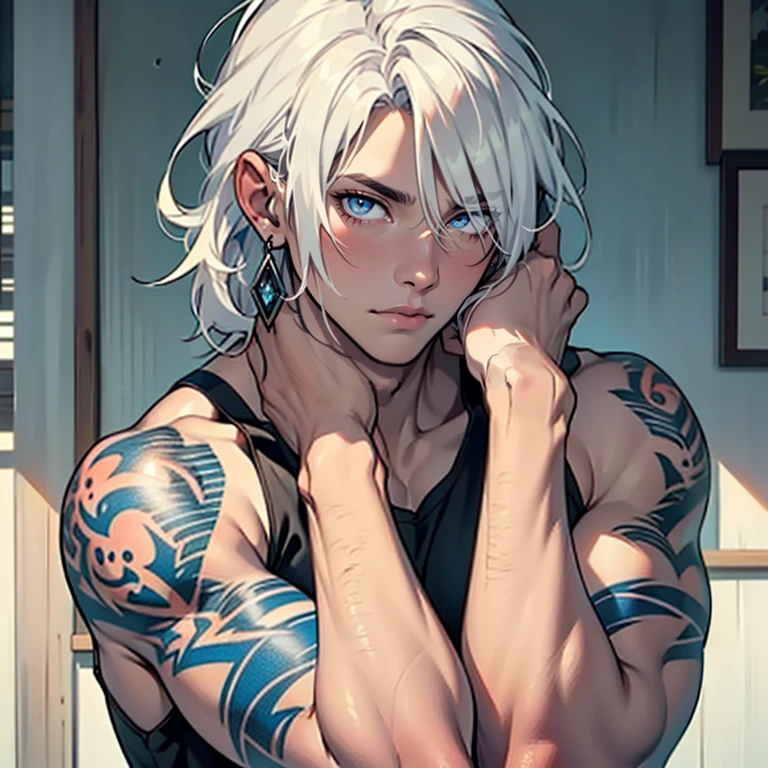 ((masterpiece)), (((best quality))), solo, 1 male, pale white skin, white hair, shoulder-length hair, straight hair, handsome young man, blue eyes, lean, tall, slender, detailed background of a japanese village, black tank top, intricate tattoos on both arms, simple earrings, highest quality, highly detailed, original, high resolution CG Unit 8k wallpaper, (best quality, artwork, masterpiece, 4k)