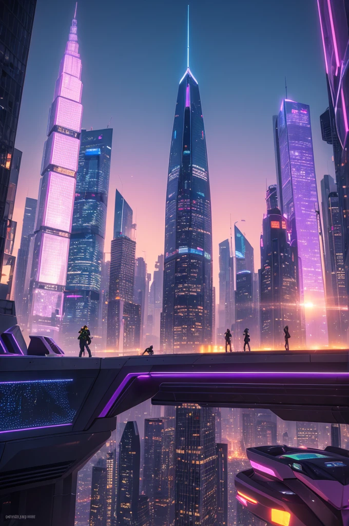 Imagine a futuristic city at sunset, with skyscrapers made of crystal and shiny metal, reflecting shades of orange, pink and purple. in the sky, Sleek drones and flying vehicles move smoothly between buildings. Not only, people in tech clothes interact with floating holograms. There is a park suspended between the buildings, full of luminescent trees and flowers that glow softly.