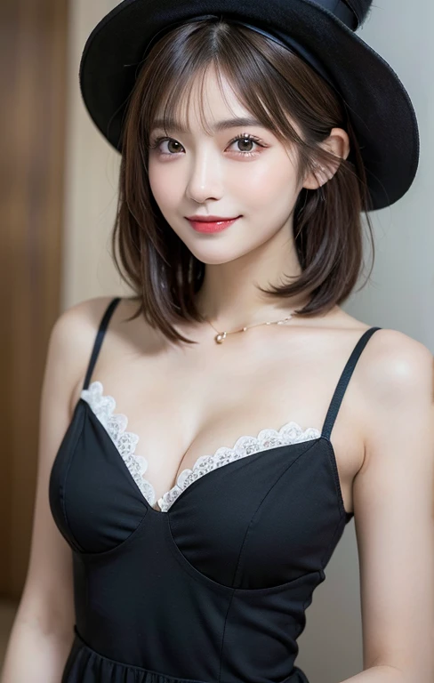 (masutepiece, Best Quality, Illustration, Ultra-detailed, finely detail, high resolution, 8K Wallpaper, Perfect dynamic composition, Beautiful detailed eyes, Women's Fashion,bob hair,Very short hair,Small bosom, natural color lip, Bold sexy poses,Smile,Harajuku、20 years girl、Cute、Sexy shot looking at camera, dimples, sophie 🎩)