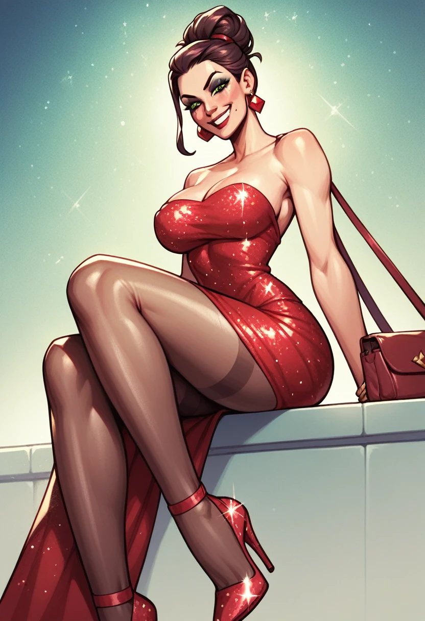 Beautiful woman hyper realistic, long legs, heavy sexy makeup, beehive updo hairstyle, dominant woman, smirking at viewer dominantly. Sparkly red dress with super short micro skirt, matching stilleto high heels and pantyhose. Picture from head to feet. Sitting on a throe looking down at camera.She looks dominant and mean. She has a purse and in the other hand she holds a pair of pantyhose 