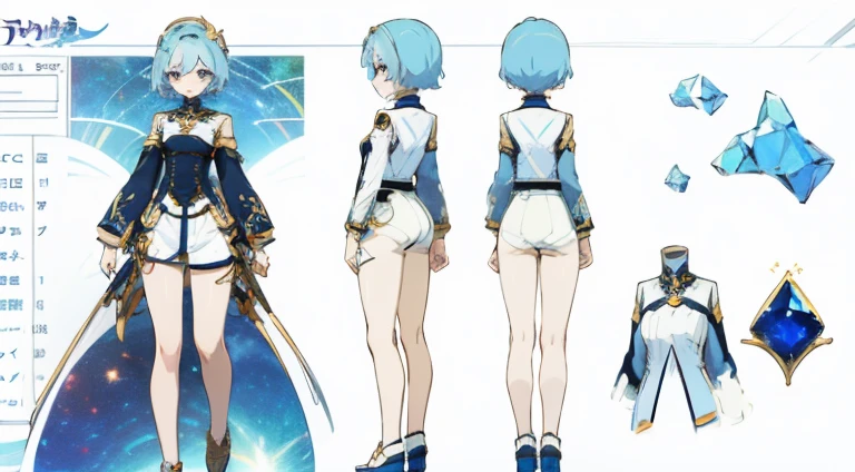  sexy girl, anime style, blue short hair,color palette blue white gold, crystal, (character sheet), high quality, masterpiece, (full body view), cozy clothes, galaxy inspired