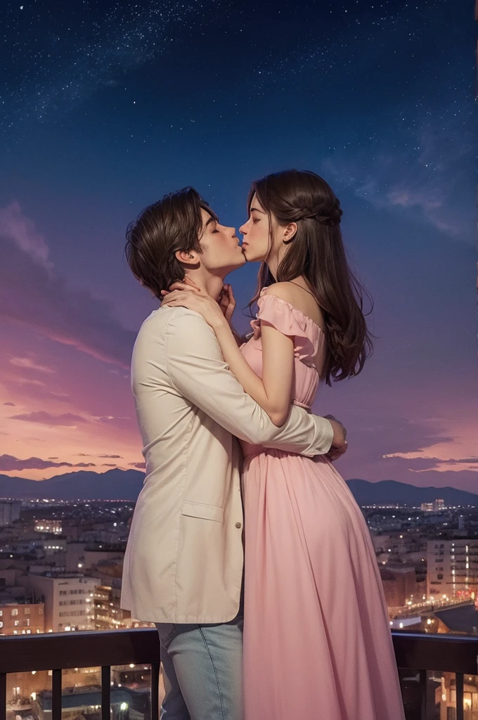 um casal, falling over the sky, the night, they're kissing, a clock in the background, watercolor effect, with many details, pastel colors, the girl is crying