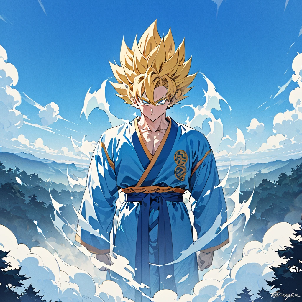 Goku, wearing traditional costume, Dragon_ball_super, flying in the sky, wide view of the forest floor, over the clouds, golden hair, super_saiyadin, perfect eyes, perfect face, perfect hair, blue aura, blue power, shy beam on himself, ultra quality , masterpiece, muscular.
