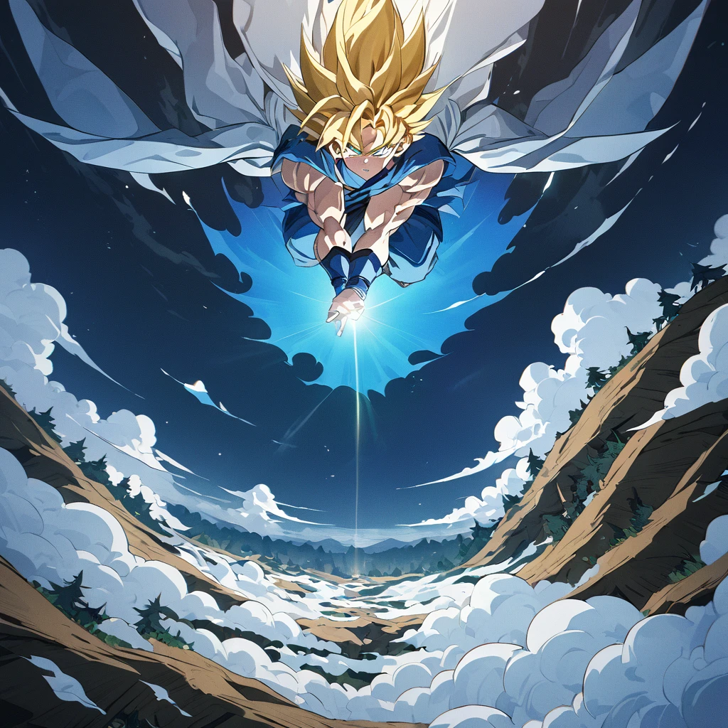 Goku, wearing traditional costume, Dragon_ball_super, flying in the sky, wide view of the forest floor, over the clouds, golden hair, super_saiyadin, perfect eyes, perfect face, perfect hair, blue aura, blue power, shy beam on himself, ultra quality , masterpiece, muscular.
