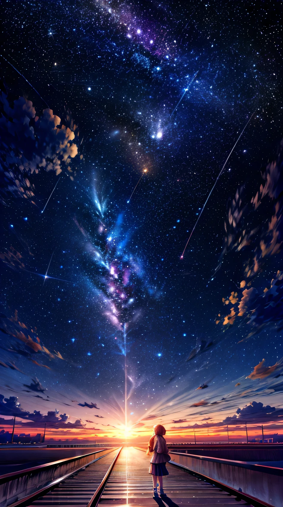 Two people, Train Tracks, Space Sky, Milky Way, Anime Style, Light Post, Small Town