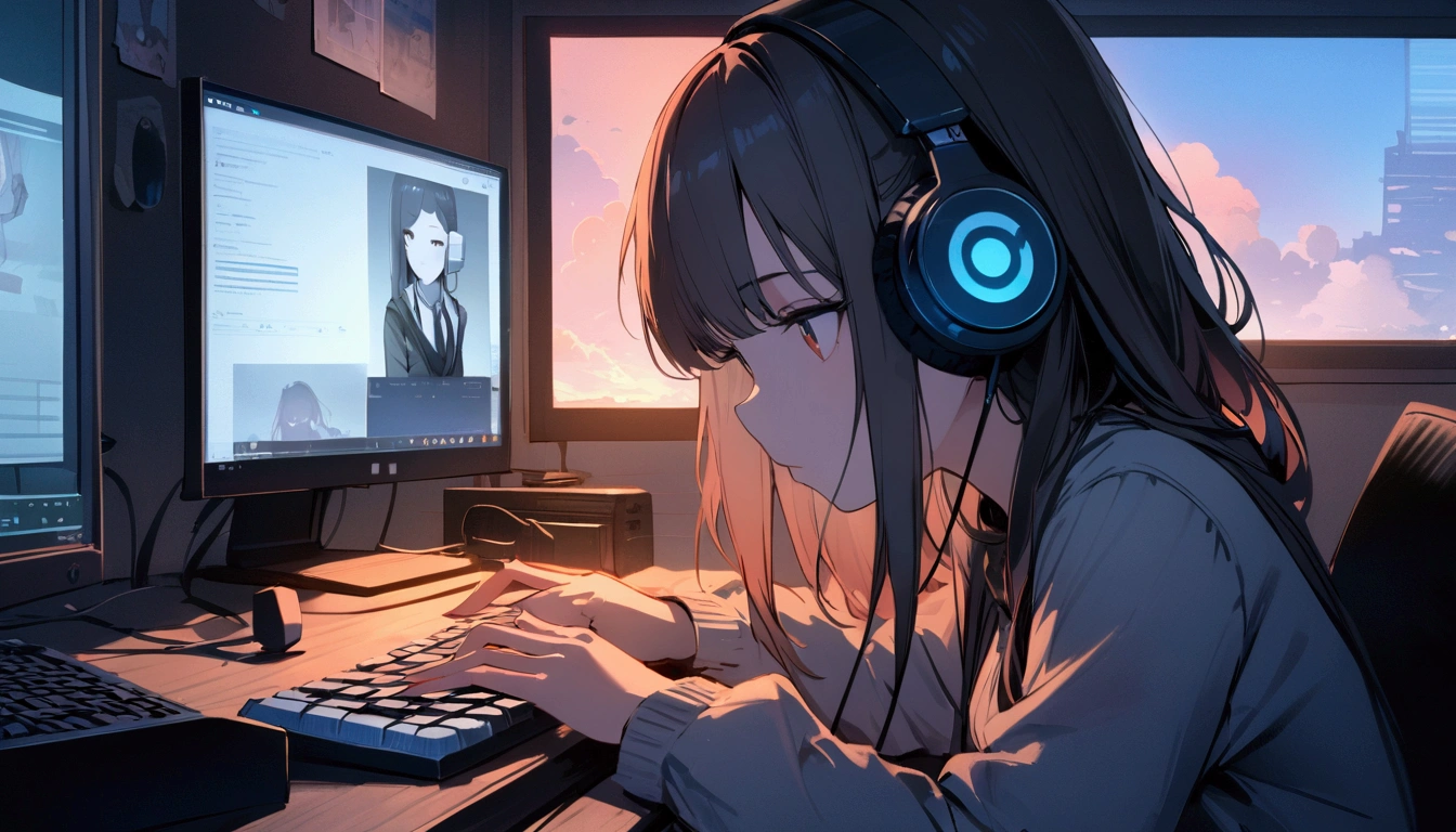 Highest quality,masterpiece,,high resolution,4K,Atmospheric,Detailed Description,Girl typing on a computer keyboard,evening,Private room,headphone,A foolproof move,Staring at your computer screen