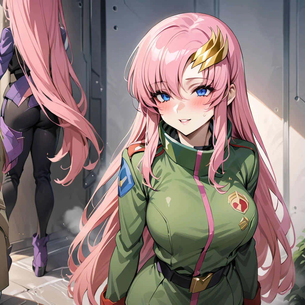 ((Highest quality)), ((masterpiece)), (detailed), (Perfect Face)、The woman is Lacus Clyne, with blue eyes, pink medium-long hair and a hair accessory.、The woman is a female soldier of the Earth Federation Army and is wearing the Earth Federation Army uniform.