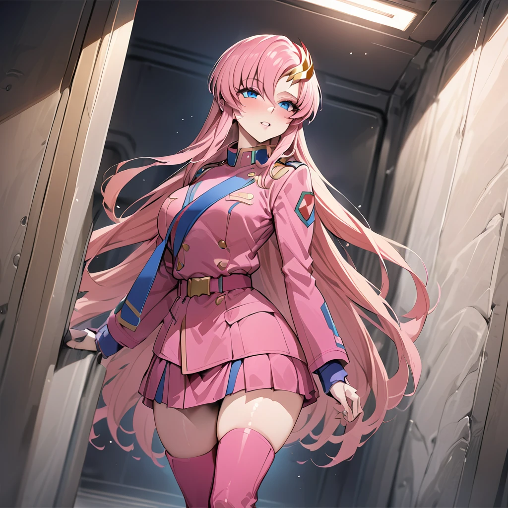 ((Highest quality)), ((masterpiece)), (detailed), (Perfect Face)、The woman is Lacus Clyne, with blue eyes, pink medium-long hair and a hair accessory.、The woman is a female soldier of the Earth Federation Army and is wearing the Earth Federation Army uniform.