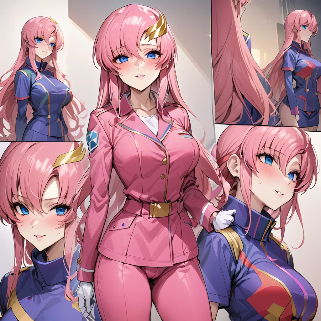 ((Highest quality)), ((masterpiece)), (detailed), (Perfect Face)、The woman is Lacus Clyne, with blue eyes, pink medium-long hair and a hair accessory.、The woman is a female soldier of the Earth Federation Army and is wearing the Earth Federation Army uniform.