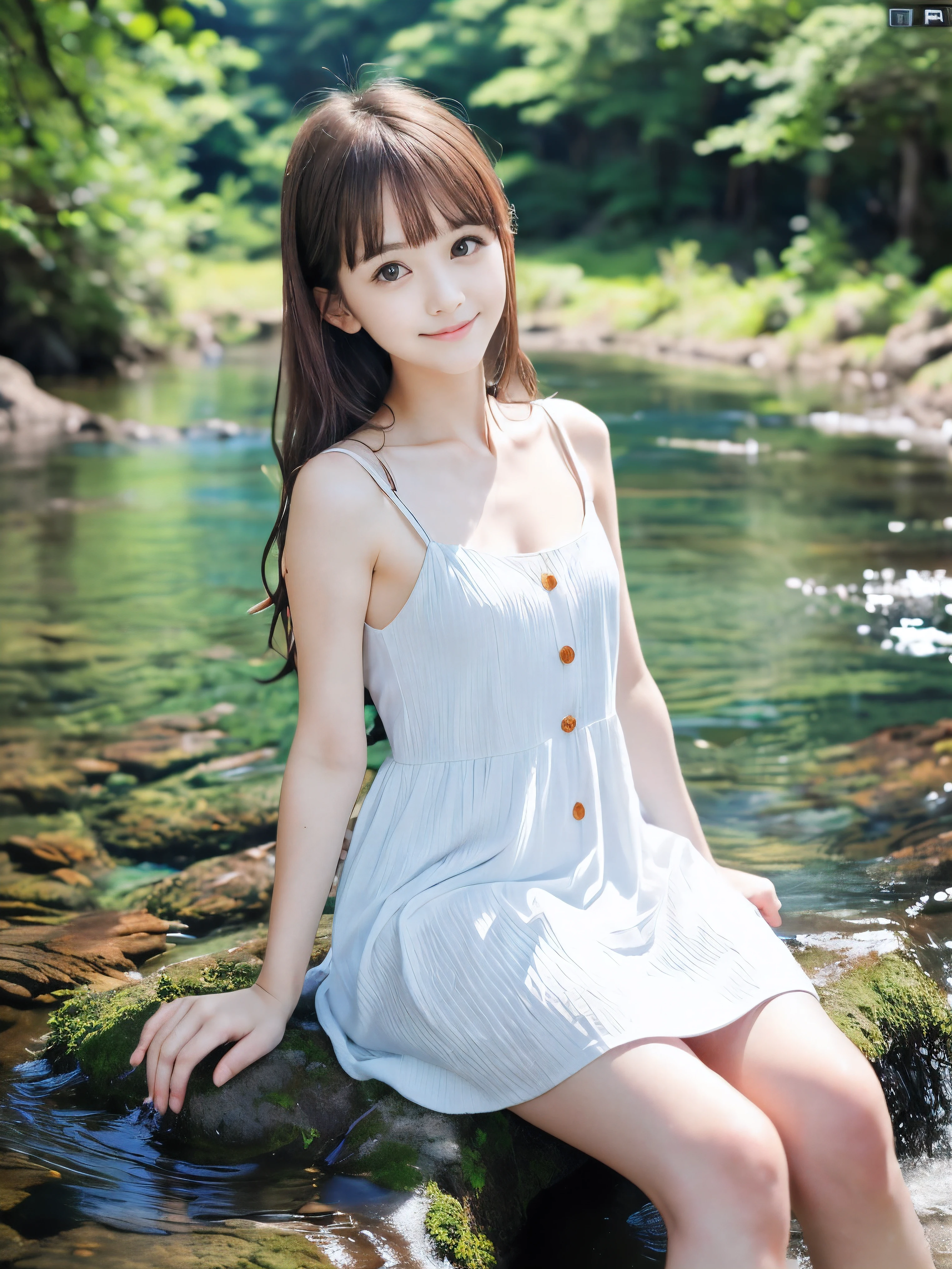 (Portrait of slender small-breasted red brown wavy long hair with dull bangs girl wearing a white summer dress:1.5)、(One girl is sitting with shy smile in the clear stream and water fall at the forest in Japan:1.5)、(Summer beautiful blue sky and forest:1.5)、(blurred background:1.5)、(8k ultra detailed master piece:1.5)、(perfect anatomy:1.5)、(Photorealistic stick:1.5)、(Raw photo:1.3)、(highest quality:1.5)、(High resolution:1.3)、(Delicate and beautiful perfect face:1.3)、(Delicate and beautiful eye air skin:1.3)、(Real Human Skin:1.3)、((thin legs))