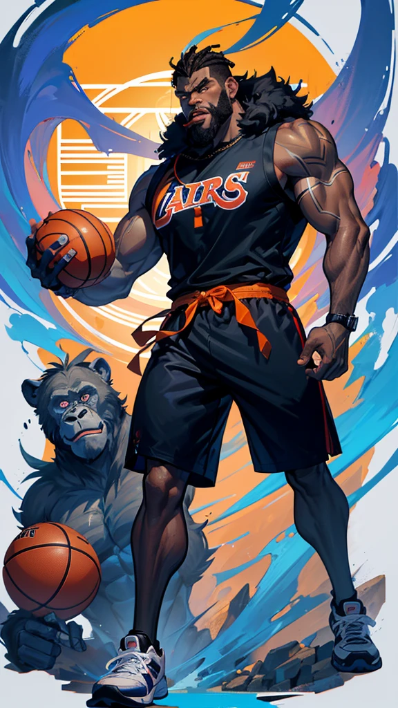 arafed gorilla with a basketball in his hand and a basketball in his hand, concept art inspired by Alex Petruk APe, trending on behance, furry art, art of alessandro pautasso, shaq, dunking, mascot illustration, high contrast illustrations, slam dunk, vector behance hd jesper ejsing, high detailed official artwork, gorilla, basketball