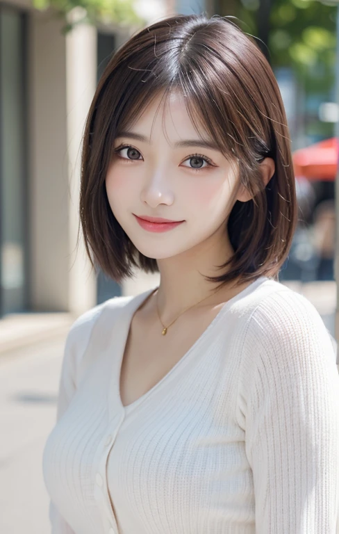 (masutepiece, Best Quality, Illustration, Ultra-detailed, finely detail, high resolution, 8K Wallpaper, Perfect dynamic composition, Beautiful detailed eyes, Women's Fashion,bob hair,Very short hair,Small bosom, natural color lip, Bold sexy poses,Smile,Harajuku、20 years girl、Cute、Sexy shot looking at camera, dimples)