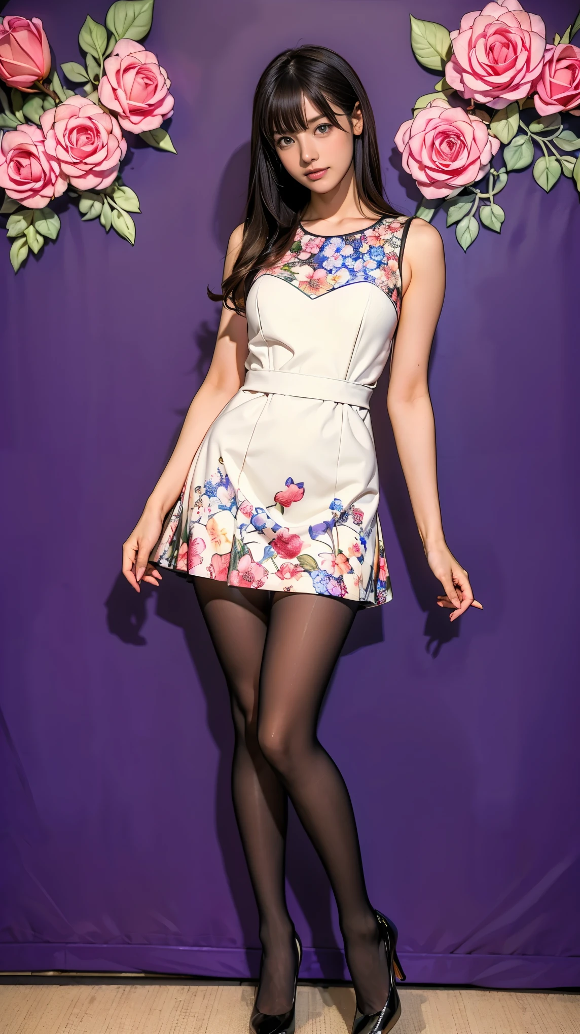 ((masterpiece)),(((Highest quality))),Thin thighs,Long legs,whole body:1.5，(One Girl:1.3),(Black pantyhose and thick pointy heels：1.3),(Wearing a floral miniskirt dress:1.2),Short Blonde:1.2、Model pose，