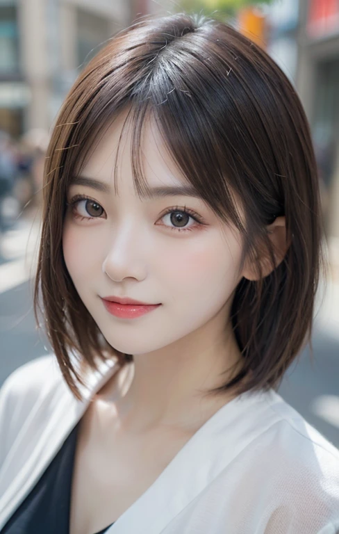 (masutepiece, Best Quality, Illustration, Ultra-detailed, finely detail, high resolution, 8K Wallpaper, Perfect dynamic composition, Beautiful detailed eyes, Women's Fashion,bob hair,Very short hair,Small bosom, natural color lip, Bold sexy poses,Smile,Harajuku、20 years girl、Cute、Sexy shot looking at camera, dimples)
