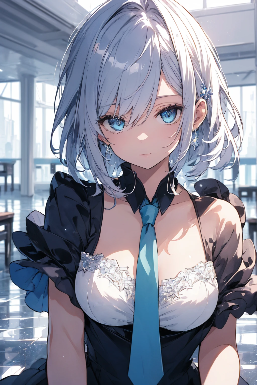 (summer clothing photo:1.1, in blue waterfront:1.5), Masterpiece, best quality, (very detailed CG unity 8k wallpaper), (best quality), High definition RAW color art, Animation,sculptures, (black Marble Skin), (((Ultra detailed elegant))), Magical atmosphere, Detailed skin, Texture,(Intricately detailed, Fine detail, ultra-detail art), depth of fields, bokeh, Silky Touch, Hyper Detail, beautiful eyes, Elegant Face, (lying on white glass floor), sparkle background, enormous breast:1.3, (silver hair), pastel purple, embarrassing face, short hair, necktie