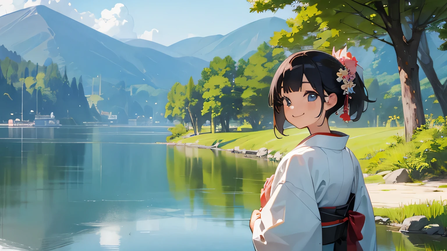 summer, nature,lake, kimono, smile, Japanese Girl