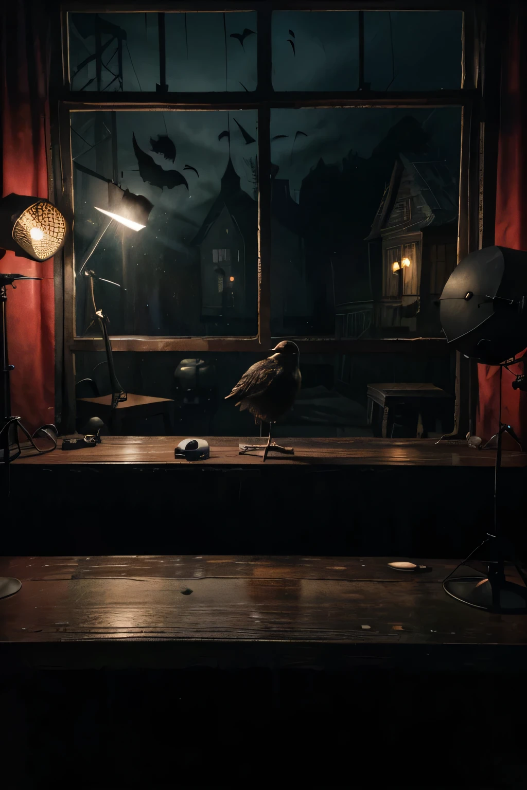 Write me a prompt for A dark scary horror studio for recording scary stories,
In the studio there is an old wooden table in the middle of the studio and there are two scary black birds in the table net to a microphone, the background of the studio are in black and red scary theme , clear window with rain outside