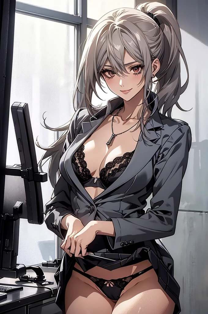 (Highest quality, High resolution, Very detailed), Silver Hair, Long ponytail hair, Reddish brown eyes, Perfect Makeup, Large , necklace, office staff suit skirt, lace thong bra, 20th Generation, Beautiful woman, mature,, Calm, A small smile, office,