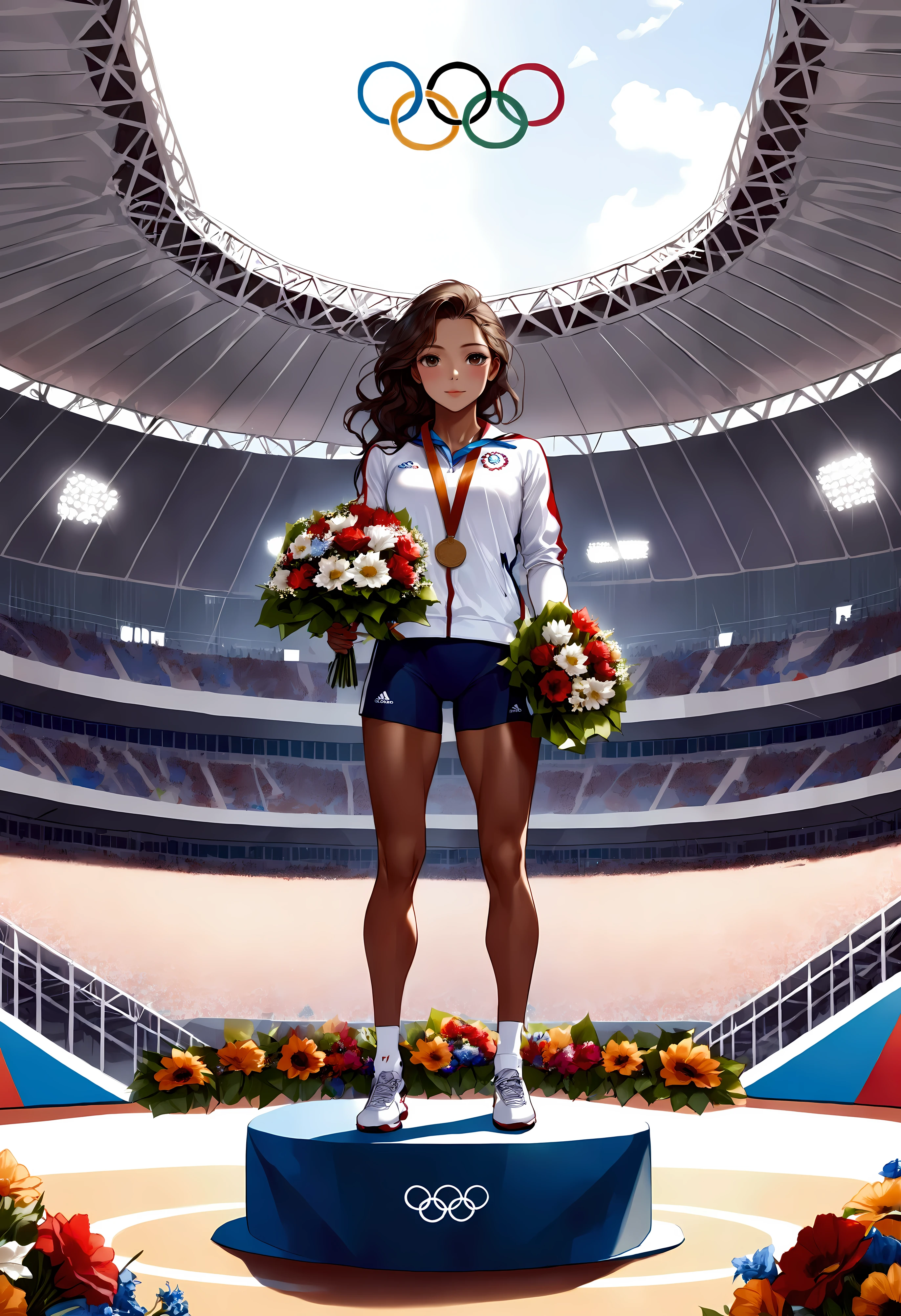 Create a high-definition image of Olympic female athletes standing on a podium, receiving medals and flower bouquets with an Olympic background aesthetic. | Visualize the athletes with a diverse range of features, including different hair colors, skin tones, and expressions of joy and pride. They are dressed in their respective country's athletic uniforms, each adorned with their national colors and symbols. Their attire is neat and professional, reflecting their dedication and hard work. | The scene is set in an Olympic stadium with a vibrant and energetic atmosphere. The background features the iconic Olympic rings, banners, and a cheering crowd. The podium is well-lit, with each step clearly marked for the gold, silver, and bronze medalists. | Capture the athletes in a celebratory pose, with medals being placed around their necks and holding their flower bouquets. Their expressions should convey a mix of joy, pride, and accomplishment. The camera angle should highlight their full bodies, showcasing the details of their uniforms and their triumphant presence. | The overall ambiance should be festive and grand, with a focus on the athletes' achievements and the celebratory nature of the event. Ensure anatomical correctness, with detailed textures and high-quality rendering, capturing every nuance of the athletes' appearances and the Olympic setting. | Keywords: (Olympic female athletes), (medal ceremony), (flower bouquets), (Olympic stadium), (celebratory pose), ((Olympic aesthethics):1.3).