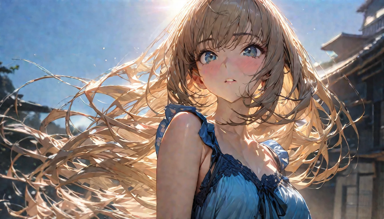 One person, woman, Ultra-high resolution, 超detailed, Highest quality, 8k,((Highest quality)), ((masterpiece)), (detailed),Face direction(front),Hair Color(Light brown hair,Fine hair quality), Hairstyle(straight), background(blue sky,morning),eye(きれいなeye元), clothing(Blue-based negligee),expression(Exquisite features depicting a perfect face),Body Type(model,Naturally beautiful),Perfect hands,完璧なwoman像, Dramatic Shadows,Cute pose,Anime characters, Code Geass