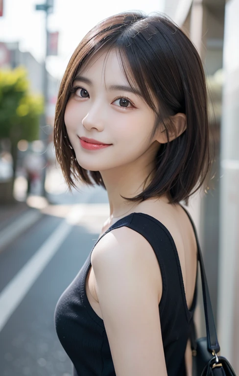 (masutepiece, Best Quality, Illustration, Ultra-detailed, finely detail, high resolution, 8K Wallpaper, Perfect dynamic composition, Beautiful detailed eyes, Women's Fashion,bob hair,Very short hair,Small bosom, natural color lip, Bold sexy poses,Smile,Harajuku、20 years girl、Cute、Sexy shot looking at camera, dimples)