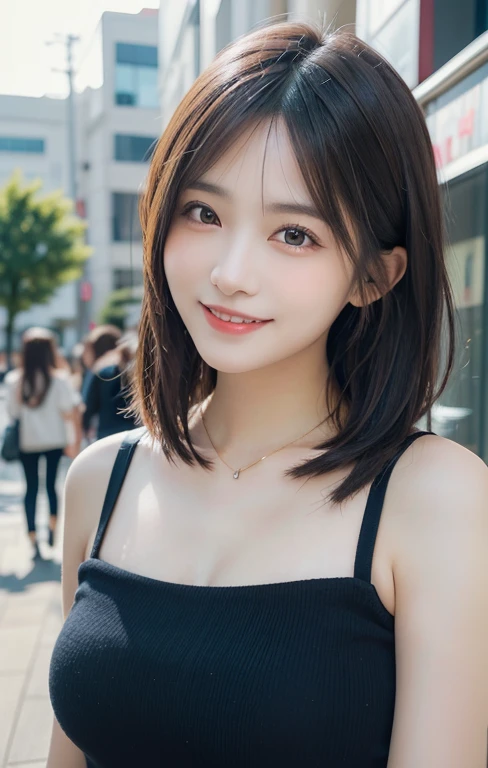 (masutepiece, Best Quality, Illustration, Ultra-detailed, finely detail, high resolution, 8K Wallpaper, Perfect dynamic composition, Beautiful detailed eyes, Women's Fashion,bob hair,Very short hair,Small bosom, natural color lip, Bold sexy poses,Smile,Harajuku、20 years girl、Cute、Sexy shot looking at camera, dimples)