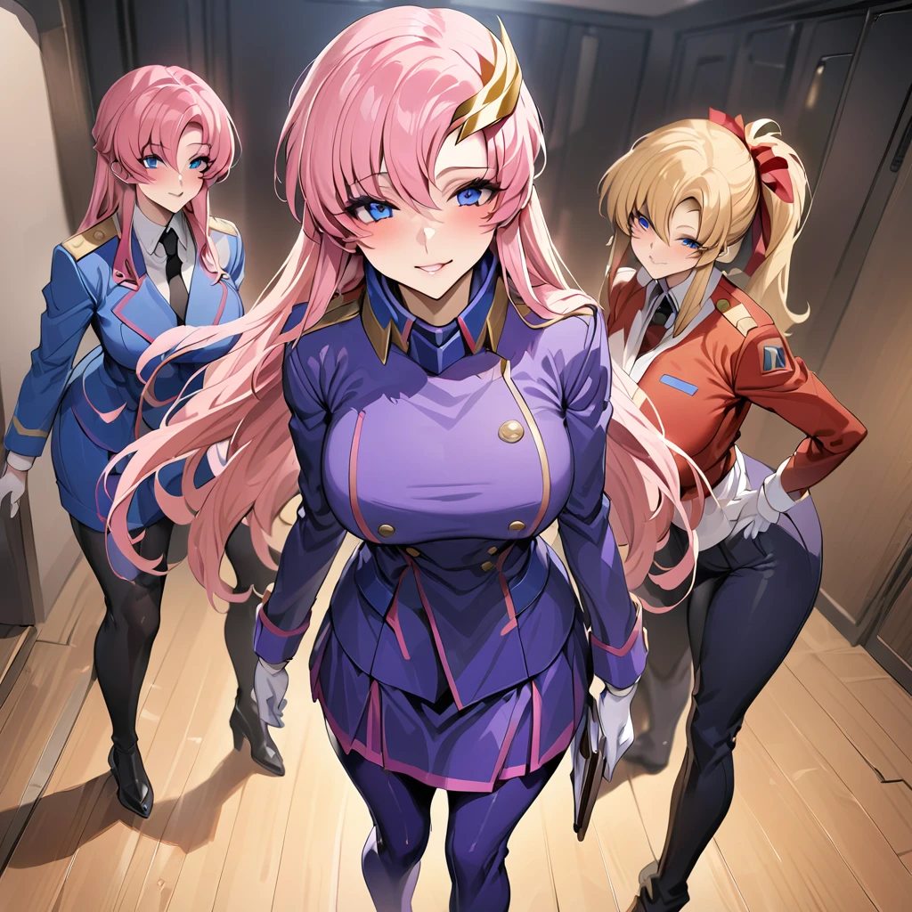 ((Highest quality)), ((masterpiece)), (detailed), （Perfect Face）、The woman is Lacus Clyne, with blue eyes, pink medium-long hair and a hair accessory.、The woman is a female officer in the Earth Federation Army and is wearing an Earth Federation Army uniform.、The woman serves as a secretary to a dignified elderly general in the Earth Alliance military.