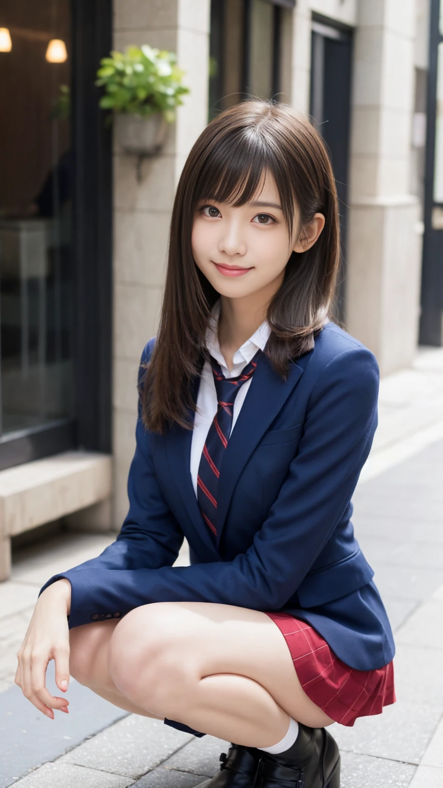 歩道でsquatかわいい18歳の女の子,Red Tie Uniform,Dark Blue Blazer,Blue checked mini skirt,bangs,A small smile,Thighs,knees,Random Pause,pretty girl,Slender girl,squat,
