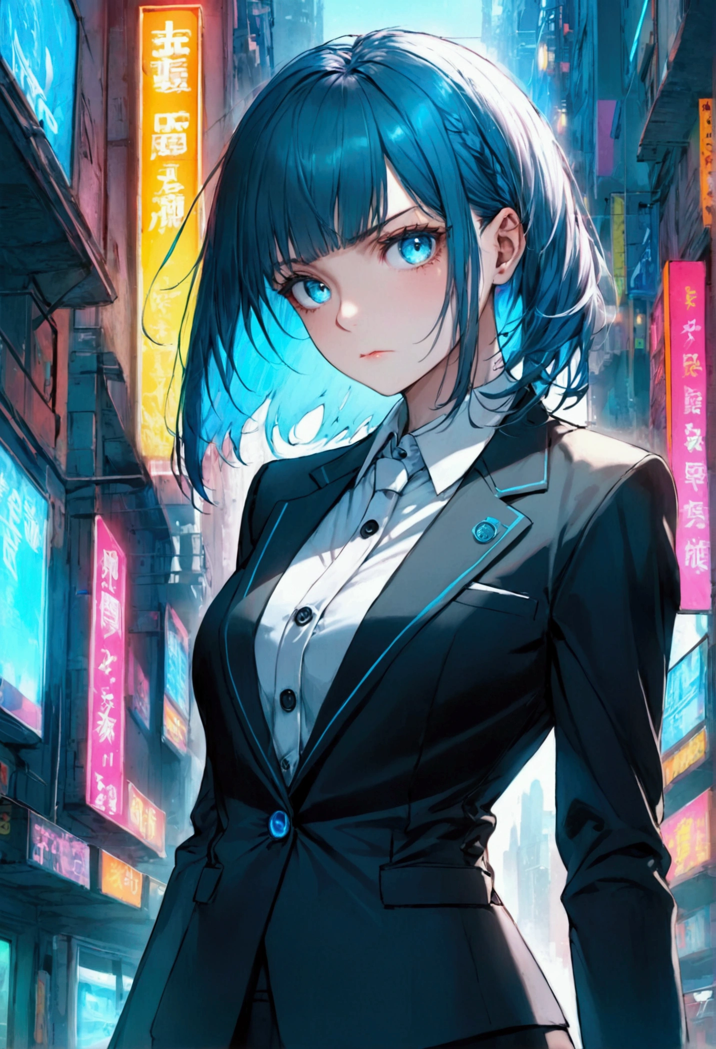16K, HDR, RTX, raytracing, natural lighting, absurdres, best qaulity masterpiece, perfect anatomy highly detailed face, detailed eyes, 1girl, solo, wearing a business suit, shirt, top button open, beautiful hair, extreme beautiful, edgy, cool, evil aura, windy, gcyberpunk frutgier aero girl bobcut bangs cyan and white colors profilelowing eyes, serious expressions, dystopian city, futuristic, detailed background, award winning, neon lights, trending on art station,lighter backgroud