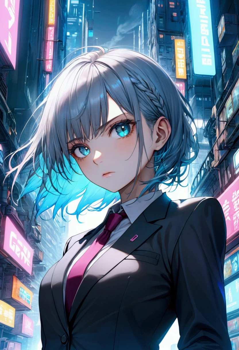16K, HDR, RTX, raytracing, natural lighting, absurdres, best qaulity masterpiece, perfect ??????? highly detailed face, detailed eyes, 1girl, solo, wearing a business suit, shirt, top button open, beautiful hair, extreme beautiful, edgy, cool, evil aura, windy, gcyberpunk frutgier aero girl bobcut bangs cyan and white colors profilelowing eyes, serious expressions, dystopian city, futuristic, detailed background, award winning, neon lights, trending on art station,lighter backgroud