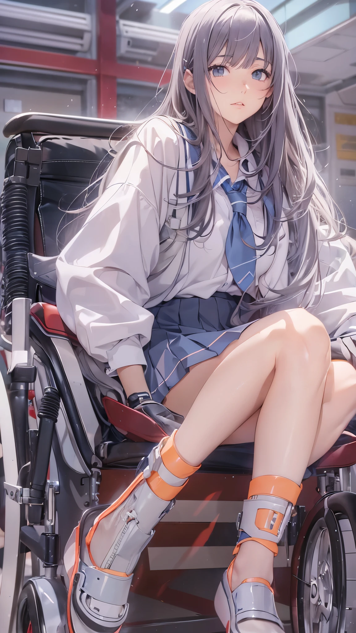 (Highest quality,4K,8k,High resolution,Tabletop:1.2), Very detailed, (Realistic,photoRealistic,photo-Realistic:1.37),(whole body),((In the hospital)),Sickly beautiful girl, sad,I was surprised,((Gray hair color)),((Long Hair)),((She is in a wheelchair)),((She is pushing a wheelchair)),((She has difficulty walking)),((She is a wheelchair user)),((Hair above the eyes)),((school uniform,Jumper skirt,ribbon,blouse)),((Wear black open-finger gloves)),((Leg Brace)),((Casts on her legs)),((Knee pads)),((Leg braces)),Espadrilles,Beautiful and detailed, Beautiful lip detail, Very detailed目と顔, Long eyelashes, Realistic anime 3D style, Smooth anime CG art, Digital rendering by Makoto Shinkai, Moe anime art style, photoRealistic rendering of an anime girl, Shinkai Makoto style, Cute anime girl visuals, Realistic young anime girl, Girl Fanart, Works by anime artists'Studio.
