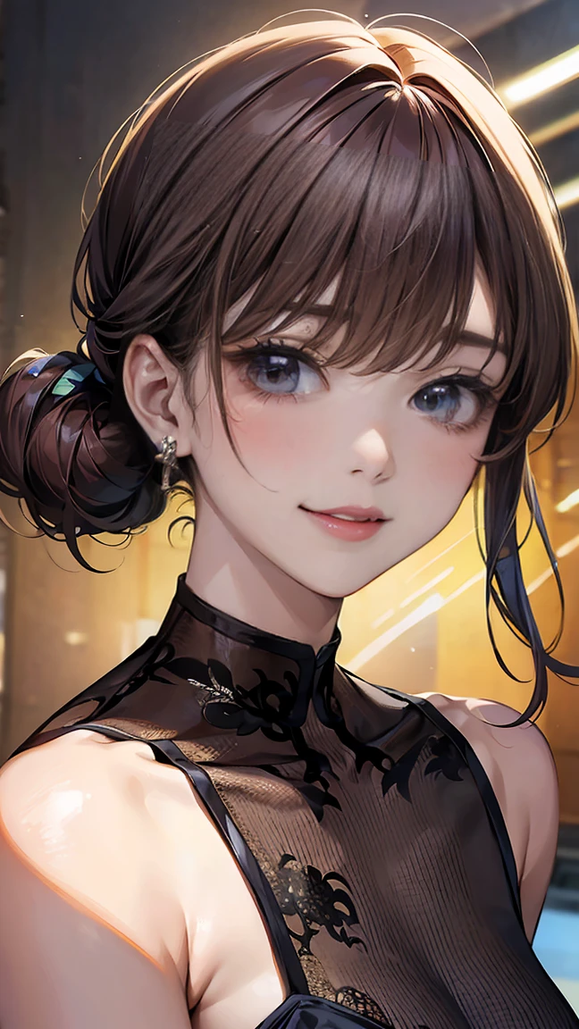 A breathtaking masterpiece、Filmed in stunning 8K resolution、The portrait is exquisitely painted、It&#39;s real.。The scene is bathed in HDR light..、It depicts a beautiful woman in the middle distance.、((Hair Bun:1.4、Straight hair、Redhead))、Medium chest、high school girl、(Convenience store clerk、blouse、The apron is beautiful、Store logo included。There is a name tag on the chest、We welcome our customers with a bright smile。)、In a perfect contrapposto pose、Her hands were placed gently on her head、Smiling kindly at the audience。She exudes an aura of grace and charm..。