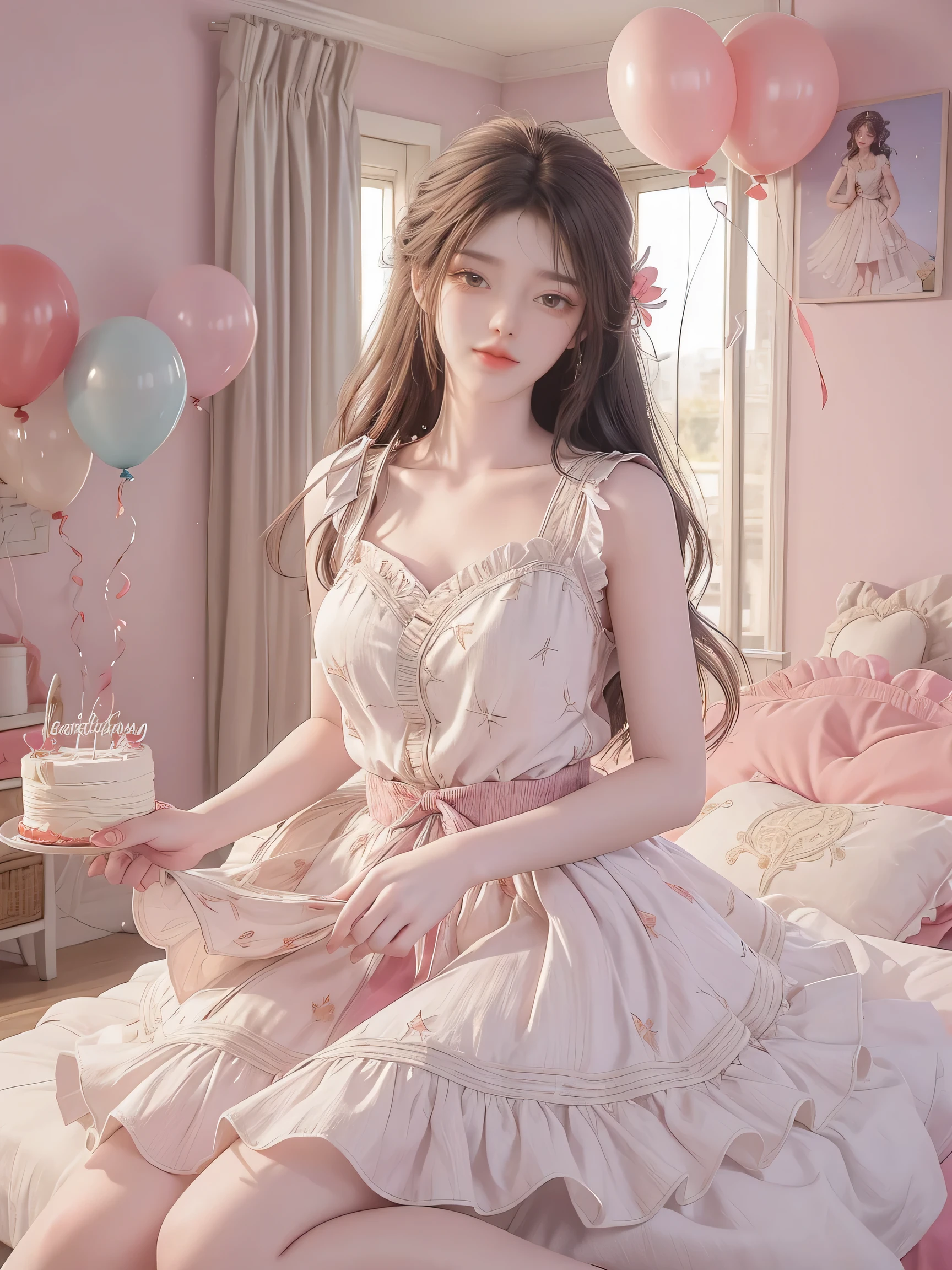 1girl, cheerful girl, carefree and happy, smiling, laughing, The girl is wearing a beautiful dress, the girl is holding a birthday cake, the girl is in her room, lots of balloons in her room, the girl's eyes are bright and sparkling, very beautiful, cute and sweet 