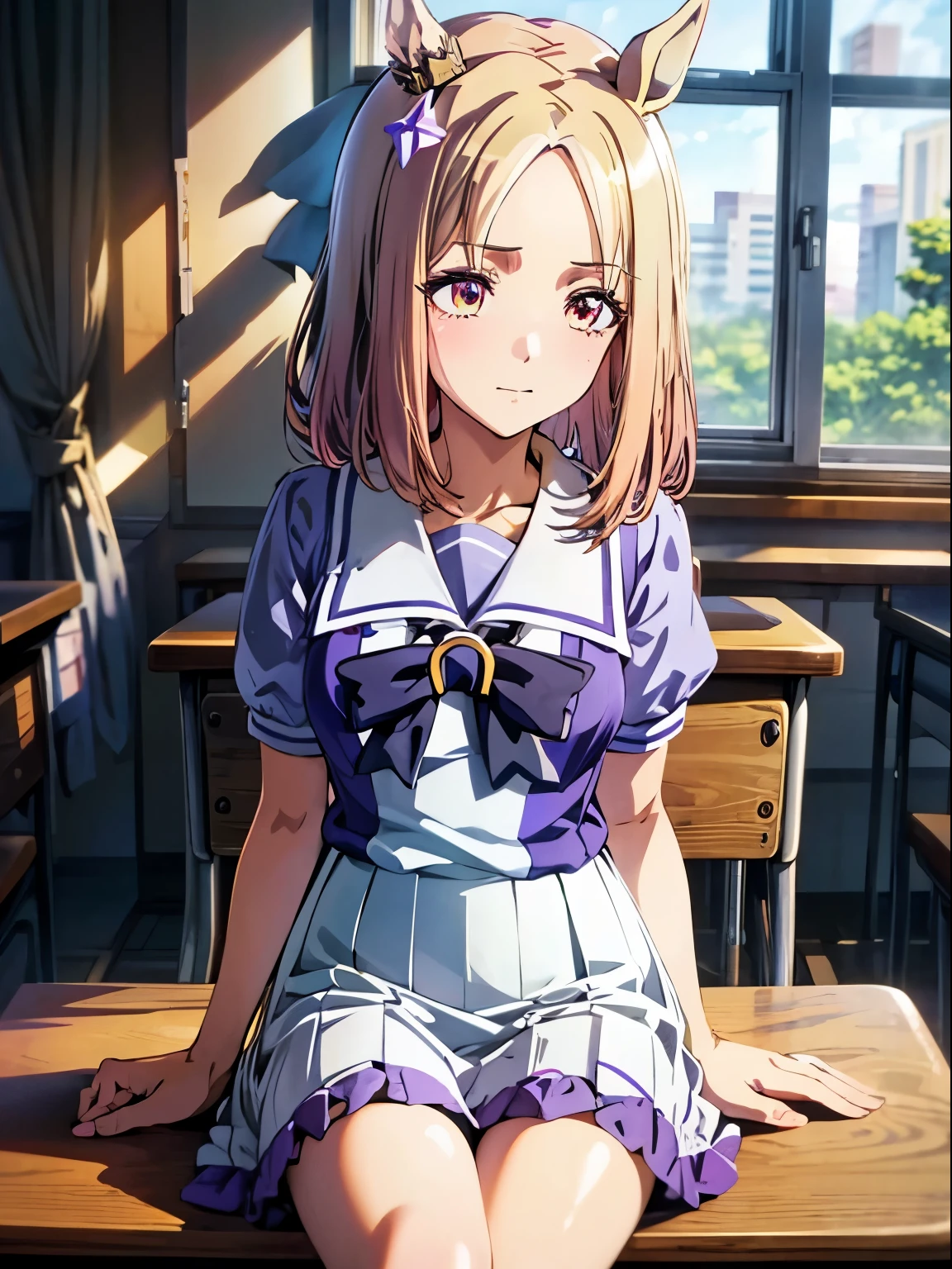 narita top road \(umamusume\), 1 girl, Solo, Cute Girl,Best Quality, Ultra-detailed, 8K, High resolution, detailed face, madeon, sitting, in the classroom, studying, desk near the window, looking out of the window, summer uniform,