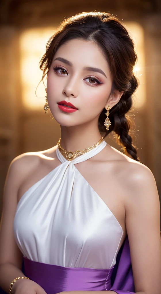 Here is the SD prompt:
A stunning Latina model with short braided hair and radiant brown skin stands confidently in front of a vibrant purple backdrop (9:16 aspect ratio), donning a breathtaking white medieval gown with green accents, intricate flower details, and flowing train. Her piercing brown honey eyes sparkle with happiness under cinematic lighting (f/1.4), as she poses directly into the lens, her flawless face framed by delicate makeup, painted red lips, and subtle eyeliner. A gold bracelet, earrings, and soft studio light enhance her confidence, while a delicate purple-white ribbon adorns her neck.