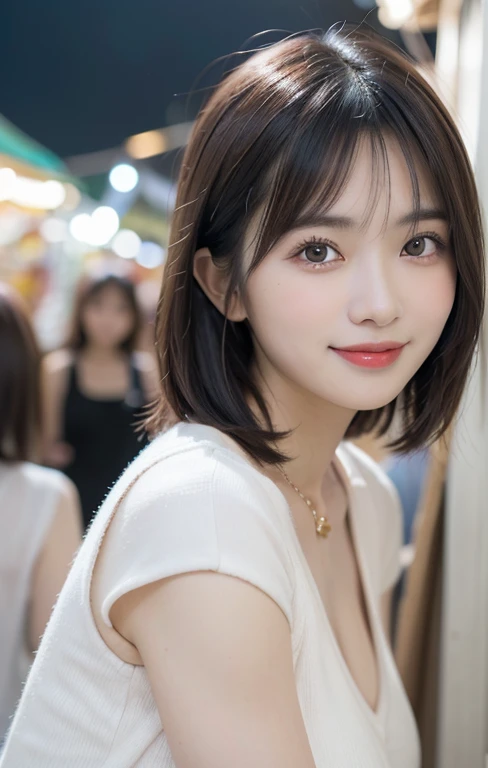 (masutepiece, Best Quality, Illustration, Ultra-detailed, finely detail, high resolution, 8K Wallpaper, Perfect dynamic composition, Beautiful detailed eyes, Women's Fashion,bob hair,Very short hair,Small bosom, natural color lip, Bold sexy poses,Smile,Harajuku、20 years girl、Cute、Sexy shot looking at camera, dimples, pasar_laman night_market)