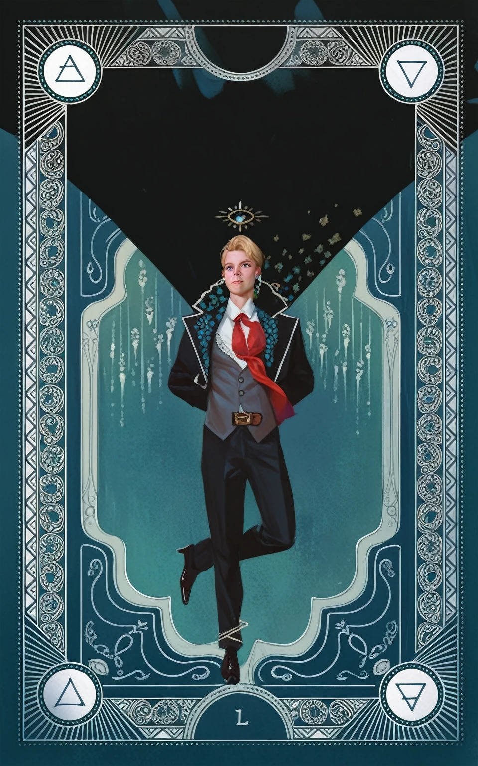 smudgy, traditional art, liu2, brush texture, score_9, score_8_up, score_7_up, score_6_up, score_5_up, score_4_up, BREAK,a close up of a tarot with a man in a tuxedo, ultradetailed, illustration, (masterpiece, high quality:1),