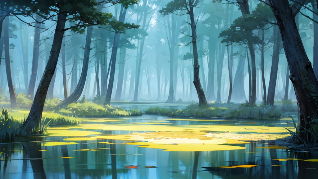 beautiful forest, make it flat, with a pond of water